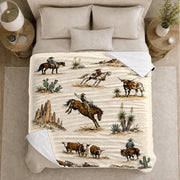 IRGFVVCN Western Ranch Riders Flannel Throw Blanket, Classic Cowboy Design, Warm Cream Polyester