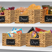 Vasgor Natural Water Hyacinth Woven Storage Basket Set, Rectangular, 12 in x 9 in x 6 in, Off-White, 6 Pack, Built-in Handles with Chalkboard Label