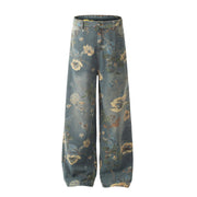 Panan Retro Inspired Floral Printed High-Waisted Wide-Leg Denim Jeans, Light Wash Blue, Mid-Rise, Full Length, Cotton