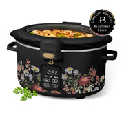 Made By Gather 29281 Beautiful 4 Qt Digital Slow Cooker with Spill-Proof Hinged Locking Lid, Touch Display, Matte Steel Housing, Wildflower Black