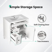 EDX 30-Inch Bathroom Vanity Cabinet with Integrated Ceramic Sink, Soft-Closing Door, 3 Drawers, White, EDX-SXT-2M2C