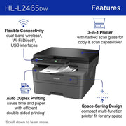 Brother HL-L2465DW Wireless Compact Monochrome Multi-Function Laser Printer, Black