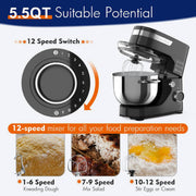 WHALL HH-9107A 5.5Qt 12-Speed Tilt-Head Electric Kitchen Mixer with Dough Hook/Wire Whip/Beater, Black,