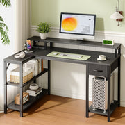 Amadwell 47 Inch L Shaped Computer Desk with Customizable LED Lighting, Power Outlet, Drawer, Shelves, Black