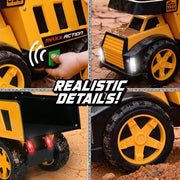 Maxx Action Steel Dump Truck Toy, 16in, Motorized Dumping Bed, Lights and Sounds, Metal and Plastic Construction, Yellow and Black