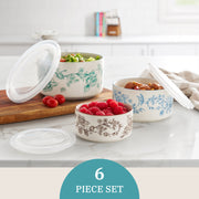 The Pioneer Woman Agatha 6-Piece Round Nesting Bake and Store Set, Stoneware Baking Dishes with Vented Polypropylene Lids, Floral Design, Oven Safe to 400F