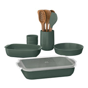 Beautiful 12-Piece Stoneware Bakeware Set with Acacia Wood Tools, Thyme Green, Oven Safe to 450F, Ceramic Crock, 29116