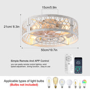 Garwarm 19.6in Caged Ceiling Fan with 4-Light Fixture, White Flush Mount Low Profile, Handwoven Rattan Blades, Remote Controlled, 6-Speed, Modern Industrial Design