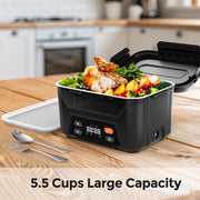 Mpow Cordless Electric Lunch Box, 5.5 Cups Capacity, Self Heating with Automatic Scheduled Heating, Removable Tray Divider, Black Carbon Fiber Lid