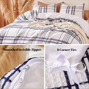 Sonive Waffle Duvet Cover Set, Breathable Waffle Weave, Blue Grid Plaid, Queen