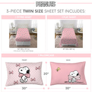 Peanuts 9A426C Snoopy 3 Piece Pink Coquette Twin Sheet Set, Polyester Microfiber, Breathable, Kids Bedding