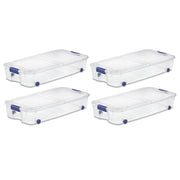 Sterilite 1995-04 Wheeled Latch Box Clear Underbed Storage Bin with Lid, Blue, 4 Count