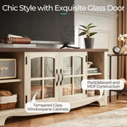 LINSY HOME Modern Farmhouse TV Stand with Adjustable Shelves and Glass Panel Doors, Oak Finish, Fits TVs up to 65 Inches