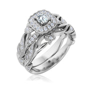JeenMata RHJGJ1161sbLDWmpns7 1 Carat Round Cut Lab Grown Diamond Wedding Ring Set, Art Deco Style, 18K White Gold Plating, Size 7