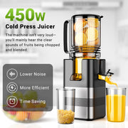 TINANA MP-802T Cold Press Masticating Juicer Machine, 5.4 In Wide Feed Chute, 450W Slow Juicer with Reverse Function
