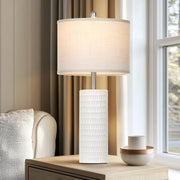 Cinkeda Table Lamps Set of 2, 27 in Tall, White Ceramic Base with Geometric Pattern, Soft White Linen Shades, Energy-Efficient LED Bulbs Included