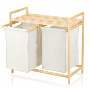 Nisorpa Freestanding Bamboo Laundry Basket, Dual-Section with Removable Bags, Integrated Shelf, Natural Beige