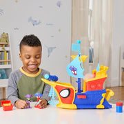 Hasbro Spidey and His Amazing Friends Water-Webs Webs Ahoy Bubble Pirate Ship Playset with 3-Inch Action Figures, Extending Hull, Wave-Simulating Wheels, Bubble Maker, 17 to 21 in
