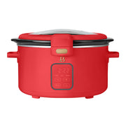 Beautiful 29277 4 Qt Digital Slow Cooker with Spill-Proof Hinged Locking Lid, Stainless Steel, Tomato Red, 3 Heat Settings, 4 Timer Options, 29277