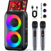 BONAOK Karaoke Machine with 2 Microphones, Portable Bluetooth Speaker, 100W, LED Light Effects, Rechargeable Battery, T08-BK-MI068AB