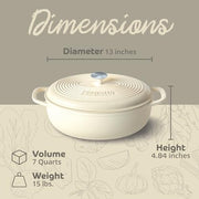 Segretto Cookware 7-Quart Oval Enameled Cast Iron Dutch Oven Pot with Lid, White, Oven Safe, Nonstick, SCDO7QTW