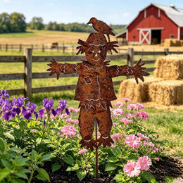 Generic Rustic Metal Scarecrow Garden Stake with Crow, 23 in Rust Brown Weathered Iron, Fall Harvest Yard Art