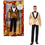 Mattel Barbie Signature 2025 Holiday Ken Collectible Fashion Doll, Light Brown Hair, Golden Satin Jacket, Black Pants, Display Stand JGK56