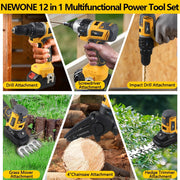NEWONE 18V Cordless Power Tool Combo Kit, 12-Tool Set with Brushless Motor, Dual 4.0Ah Batteries, Charger Included, Yellow