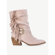 Madden NYC Women's Faux Suede Fringe Mid-Calf Boots, Beige, 2.4in Block Heel, Memory Foam Insole