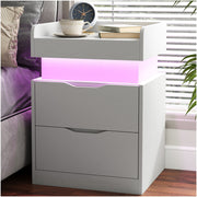 IDEALSOUL Nightstand Set of 2 with Multifunctional Charging Station, LED Lighting with 22 Dynamic Modes, 3 Hidden Drawers, White MDF, Modern Design, CTG001