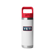 YETI Rambler 18 oz Sports Water Bottle, Vacuum Insulated Stainless Steel, Leakproof Straw Cap, White/Rescue Red/Badge