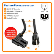 Tripp Lite Heavy-Duty Power Cord, 8 ft, 15A, 14 AWG, NEMA 5-15P to Right-Angle IEC-320-C15, Black, P019-008-C15RA