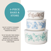 The Pioneer Woman Agatha 6-Piece Round Nesting Bake and Store Set, Stoneware Baking Dishes with Vented Polypropylene Lids, Floral Design, Oven Safe to 400F