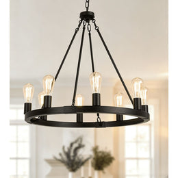 MMUPFH Farmhouse Wagon Wheel Chandelier, 8-Light Matte Black Metal Pendant with Adjustable Height