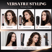 Nicebay Thermal Brush Curling Iron Set, 4-in-1 Hair Styling Tool with Curling Iron, Flat Iron, Straightening Brush, Thermal Round Brush, Ceramic Coating, Adjustable Temperature, Gold
