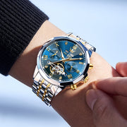 OLEVS Automatic Men's Skeleton Watch, Gold Plated Stainless Steel, Calendar, Moon Phase, Waterproof, Luminous