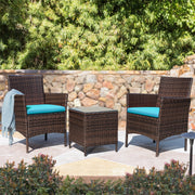 Devoko Patio Conversation Set, 3 Pieces Outdoor Wicker Bistro Chairs with Tempered Glass Coffee Table, Brown and Blue