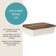 The Pioneer Woman Vintage Lace Ceramic Casserole Baking Dish with Wood Lid, Linen, 9 in x 13 in, 6-Quart Stoneware