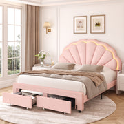 Homfa HFT-UP-107 LED Velvet Upholstered Platform Bed with Adjustable Petal Headboard And Drawer for Kid, Full Pink