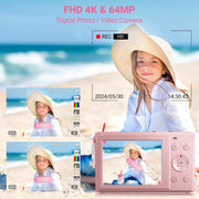 Saneen K8 4K 64MP Compact Point & Shoot 2.8'' Autofocus w/16X Zoom Anti Shake 32GB Card Mini Camera, Pink