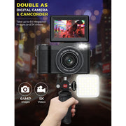Novzzovaz 5K Vlogging Camera, 64MP Point & Shoot Digital Camera, 18X Digital Zoom, 3-Inch Flip Screen, Wi-Fi Enabled, Black, NVZV5K64MP