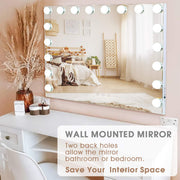 Fenchilin Vanity Mirror with 18 LED Lights, Adjustable Brightness, USB Charging, 32 x 23 in White Metal, Tabletop and Wall Mount, 5846