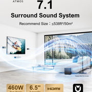 Ultimea U2623 Poseidon D80 Boom Soundbar, 7.1 Channel Dolby Atmos, 460W Peak Power, Wireless 6.5 in. Subwoofer, Smart App Control, HDMI eARC, 15.75 in