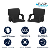 Flash Furniture Malta Fabric Stadium Chair, Portable Reclining Stadium Seats with Backpack Straps and Storage, Black, Pack of 2, 265 lb Capacity, FVFA090BK2