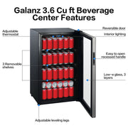 Galanz Beverage Refrigerator, 116 Can Capacity, Stainless Steel Glass Door, Digital Temperature Control, LED Lighting, 3 Adjustable Shelves, Freestanding Mini Fridge, GLB36S2CS