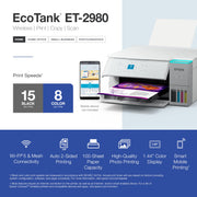 Epson EcoTank ET-2980 Wireless All-in-One Color Supertank Printer, Cartridge-Free Refillable Ink Tanks, 15 PPM, Automatic Two-Sided Printing, 1.44