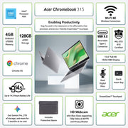 Acer Chromebook 315 15.6-inch FHD Laptop with Intel Processor N50, 4GB DDR5 RAM, 128GB eMMC, Sparkly Silver, Protective Sleeve CB315-7H-C0ZH