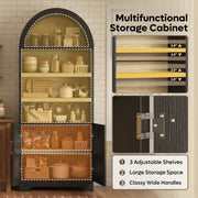 Bestier Pantry Storage Cabinet, 71 Inch Tall, 4-Tier Arched Bookshelves, 3 Adjustable Shelves, 2 Soft-Close Doors, Black