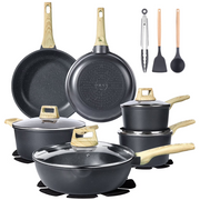 GIPP G18-AS2-Gr01 18 Piece Kitchen Ceramic Cookware Sets with 11inch Frying Pan,Pots and Pans Set, Gray