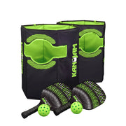 Kan Jam Pack 'N Go Pickleball Set, Portable Outdoor Game with 2 Wooden Paddles, 3 Pickleballs, Foldable Goals with Built-in Scoring, Black and Green, 4 Player